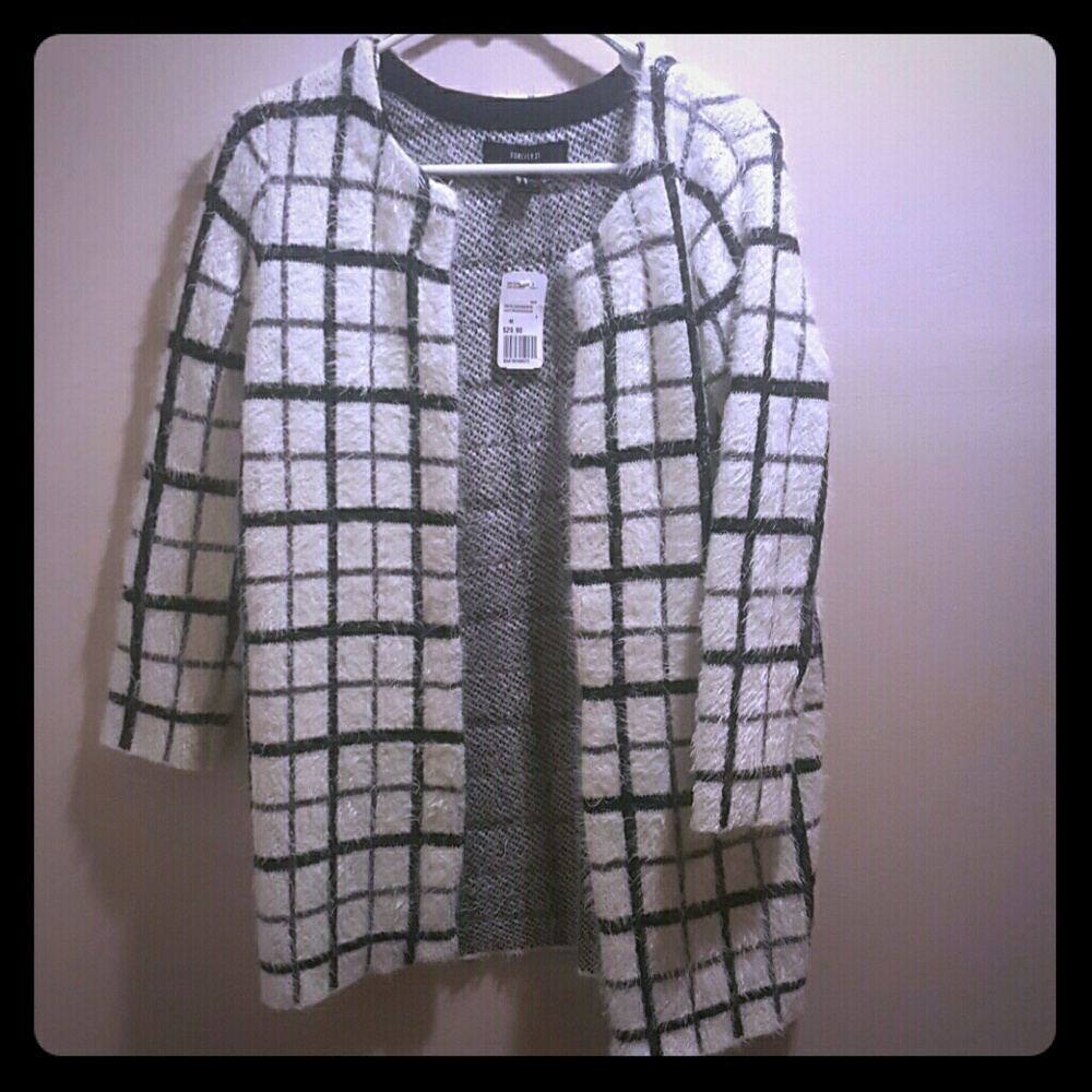 Windowpane Check Open-Front Coatigan - White/Black